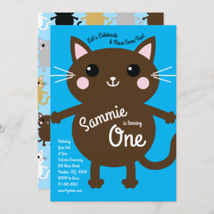 Cute Kitty Cat Colorful 1st Birthday Invitations