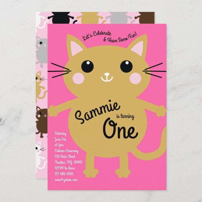 Cute Kitty Cat Colorful 1st Birthday Invitations (Front/Back)