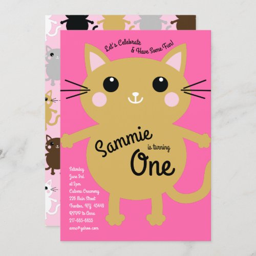 Cute Kitty Cat Colorful 1st Birthday Invitations