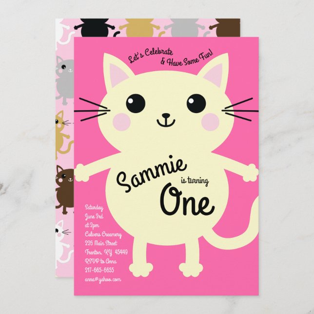 Cute Kitty Cat Colorful 1st Birthday Invitations (Front/Back)