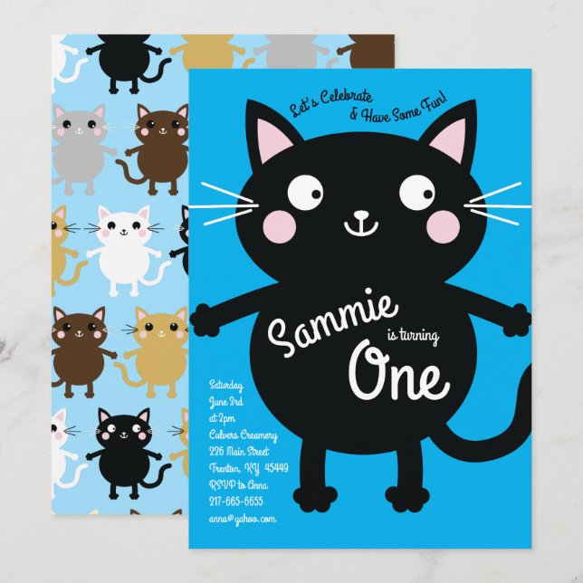 Cute Kitty Cat Colorful 1st Birthday Invitations (Front/Back)