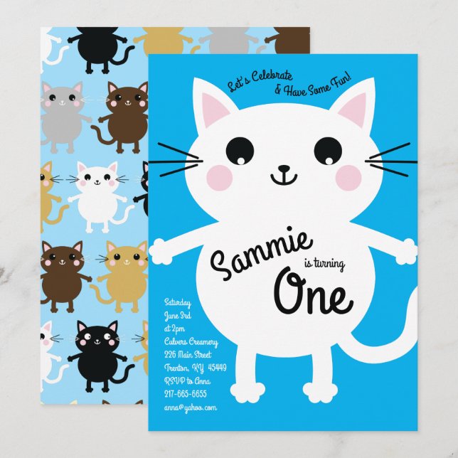 Cute Kitty Cat Colorful 1st Birthday Invitations (Front/Back)