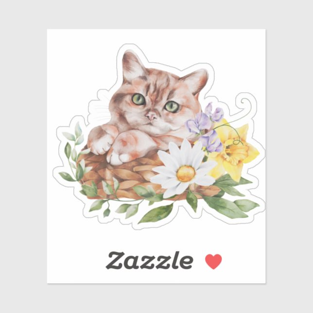 Cute Kitty Cat Daffodils Daisies Flowers Sticker (Sheet)