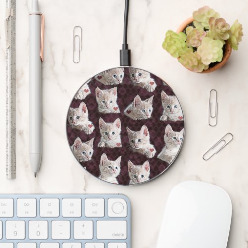 Cute Kitty Cat Faces With Hearts Wireless Charger