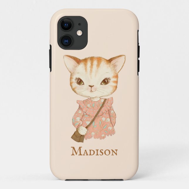 Cute Kitty Cat Floral Vintage Simple Monogram Case-Mate iPhone Case (Back)