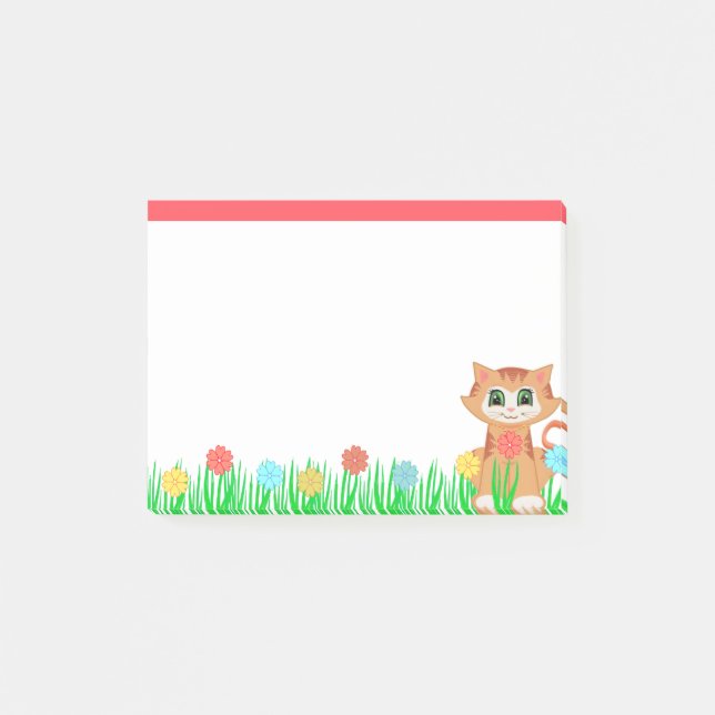 Cute Kitty Cat, Flowers & Grass Post-it Notes (Front)