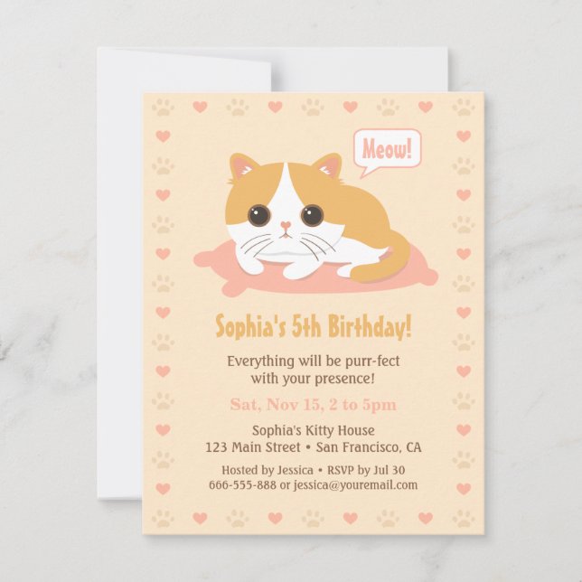 Cute Kitty Cat Girls Birthday Party Invitations (Front)