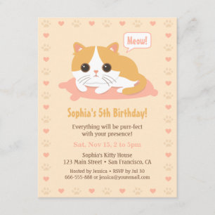 Cute Kitty Cat Girls Birthday Party Invitations