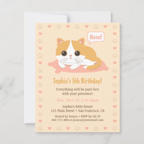 Cute Kitty Cat Girls Birthday Party Invitations