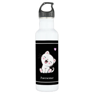 Cute Kitty Cat & Heart on Black Stainless Steel Water Bottle