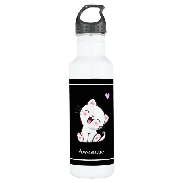 Cute Kitty Cat & Heart on Black Stainless Steel Water Bottle (Front)