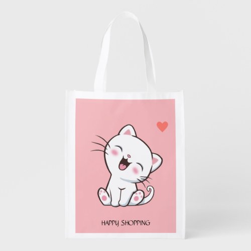 Cute Kitty Cat  Heart on Light Pink Grocery Bag