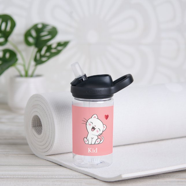 Cute Kitty Cat & Heart on Light Pink Water Bottle (Yoga)