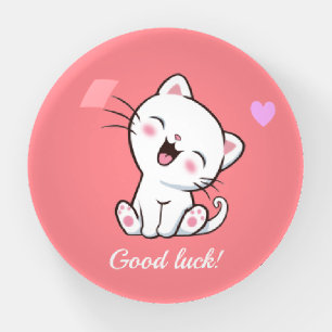 Cute Kitty Cat & Heart on Pink Paperweight