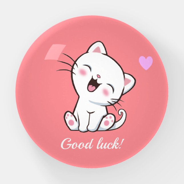 Cute Kitty Cat & Heart on Pink Paperweight (Front)