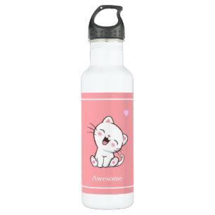 Cute Kitty Cat & Heart on Pink Stainless Steel Water Bottle