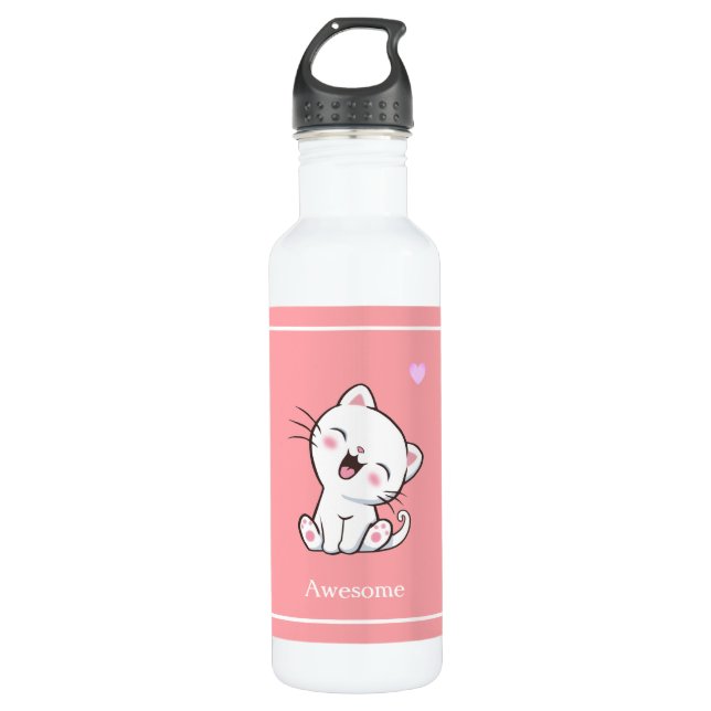 Cute Kitty Cat & Heart on Pink Stainless Steel Water Bottle (Front)
