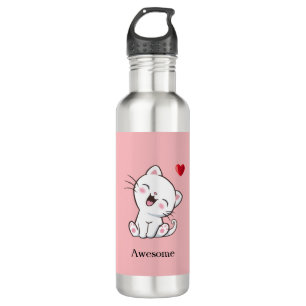Cute Kitty Cat & Heart on Pink Stainless Steel Water Bottle