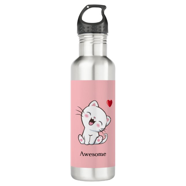 Cute Kitty Cat & Heart on Pink Stainless Steel Water Bottle (Front)