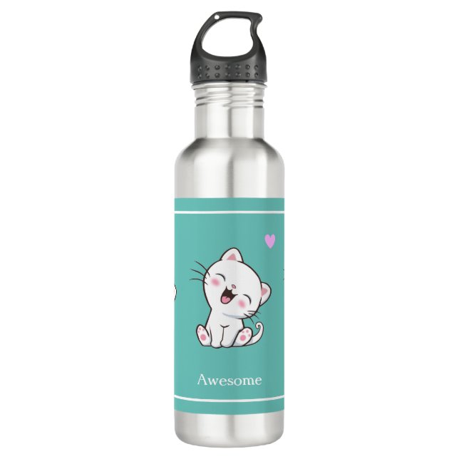 Cute Kitty Cat & Heart on Teal Stainless Steel Water Bottle (Front)