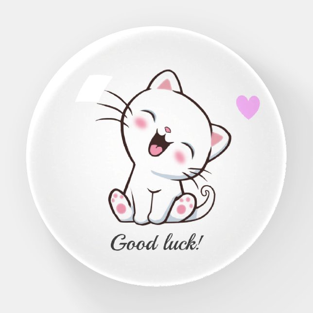 Cute Kitty Cat & Heart on White Paperweight (Front)