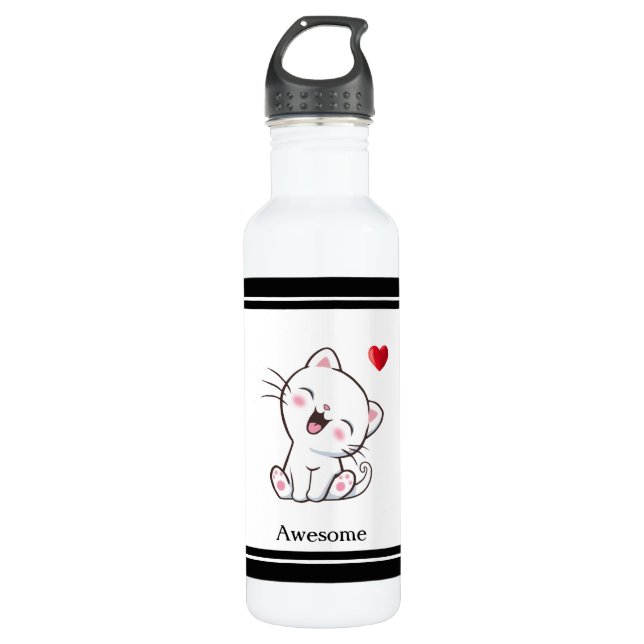 Cute Kitty Cat & Heart Stainless Steel Water Bottle (Front)