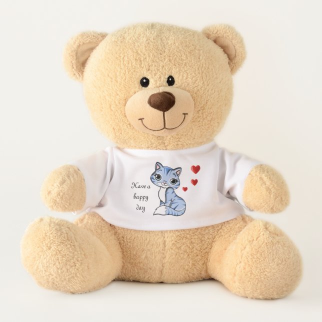 Cute kitty cat, hearts and calligraphy Birthday Teddy Bear (Front)