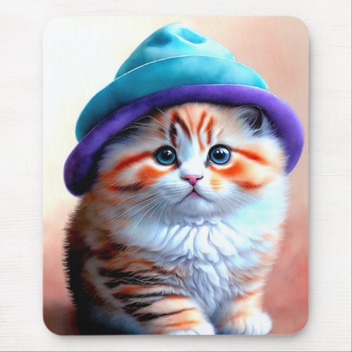 Cute Kitty Cat in a Hat OWN ART Adorable KITTEN Mouse Pad