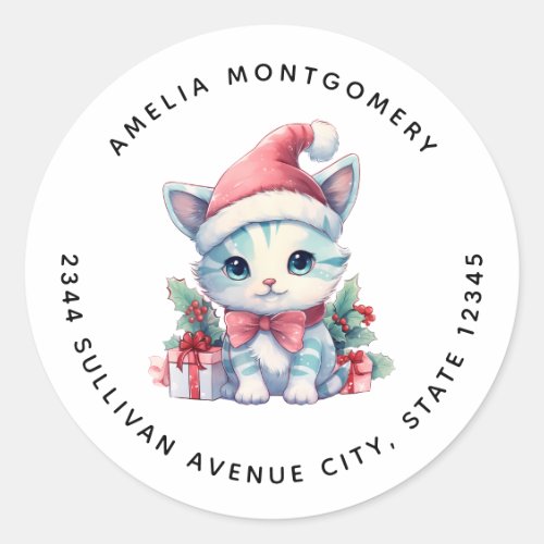 Cute Kitty Cat in a Santa Hat Christmas Address Classic Round Sticker