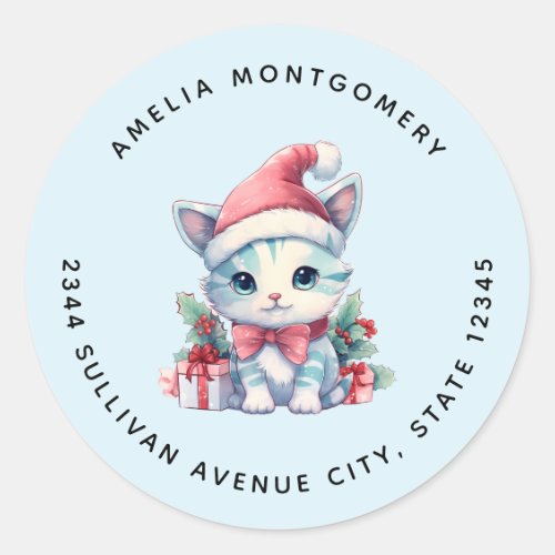 Cute Kitty Cat in a Santa Hat Christmas Address Classic Round Sticker