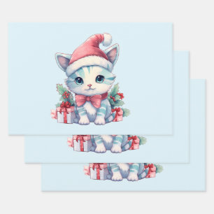 Cute Kitty Cat in a Santa Hat Christmas Wrapping Paper Sheets