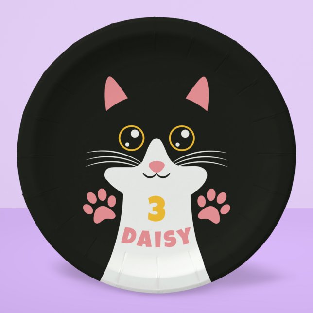 Cute Kitty Cat Kid's Birthday Party Paper Plates (Cute kitty cat birthday sticker for kid's bday party oversize cat face with custom name and age)