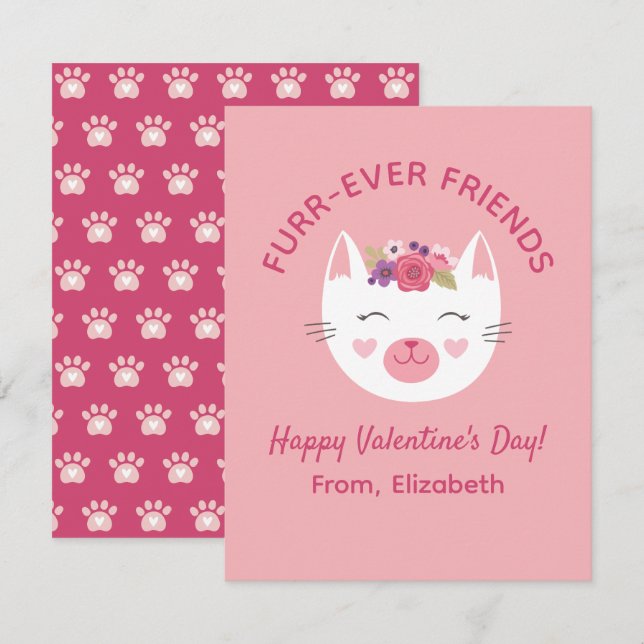 Cute Kitty Cat Kids Valentines Day Classroom Note Card (Front/Back)