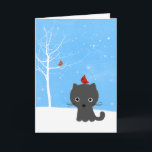 Cute Kitty Cat & Little Red Birds White Christmas Holiday Card<br><div class="desc">Grey kitten and red bird sitting in white winter snow scene. Inside text: Peace on Earth. Message can be personalized with your own sentiment. A cute Christmas holiday card for animal lovers.</div>