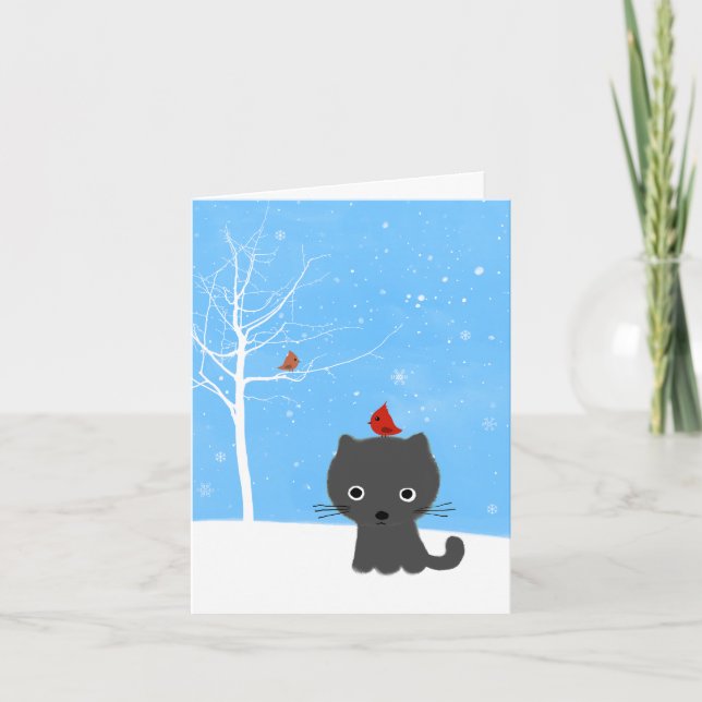 Cute Kitty Cat & Little Red Birds White Christmas Holiday Card (Front)