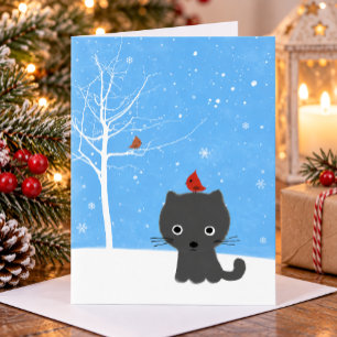 Cute Kitty Cat & Little Red Birds White Christmas Holiday Card
