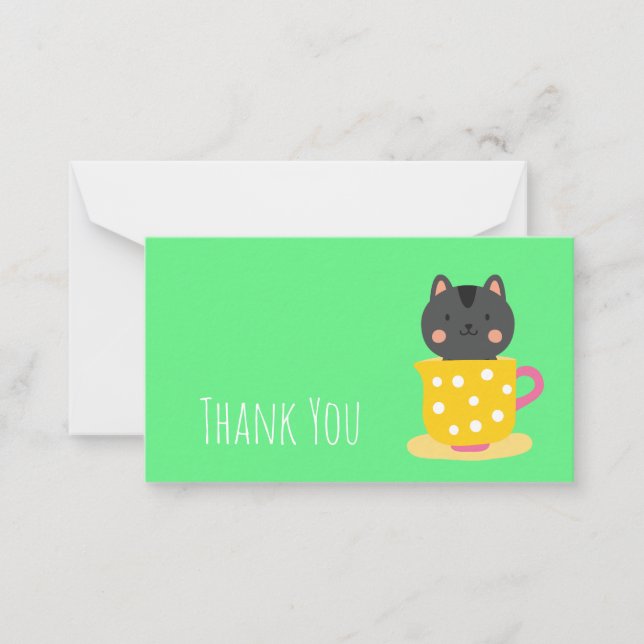Cute Kitty cat mint teacup Note Card (Front)