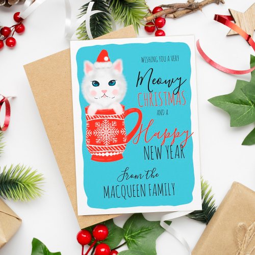Cute Kitty Cat Mug Meowy Christmas Happy New Year Holiday Card