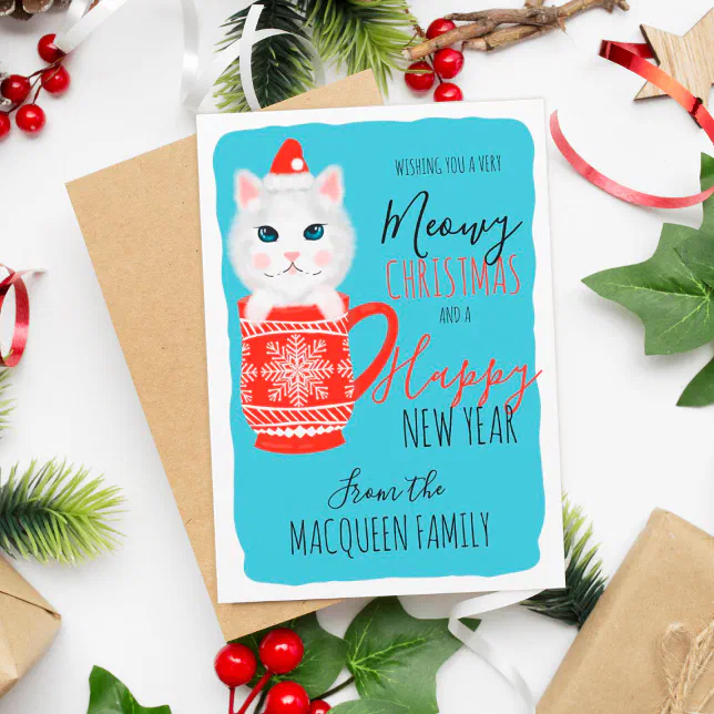 Cute Kitty Cat Mug Meowy Christmas Happy New Year Holiday Card | Zazzle
