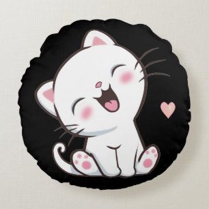 Cute Kitty Cat on Black Round Pillow