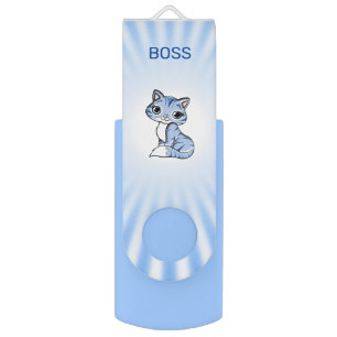 Cute Kitty Cat on Light Blue and White Rays Flash Drive