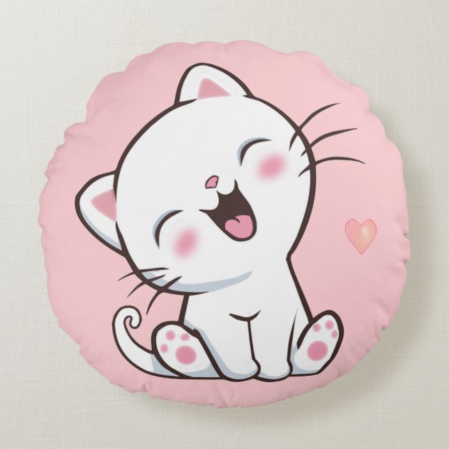 Cute Kitty Cat on Light Pink Round Pillow (Front)