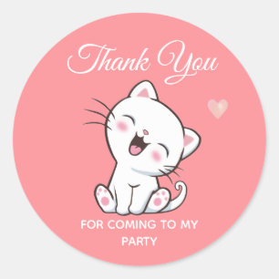 Cute Kitty Cat on Pink Thank You Classic Round Sticker