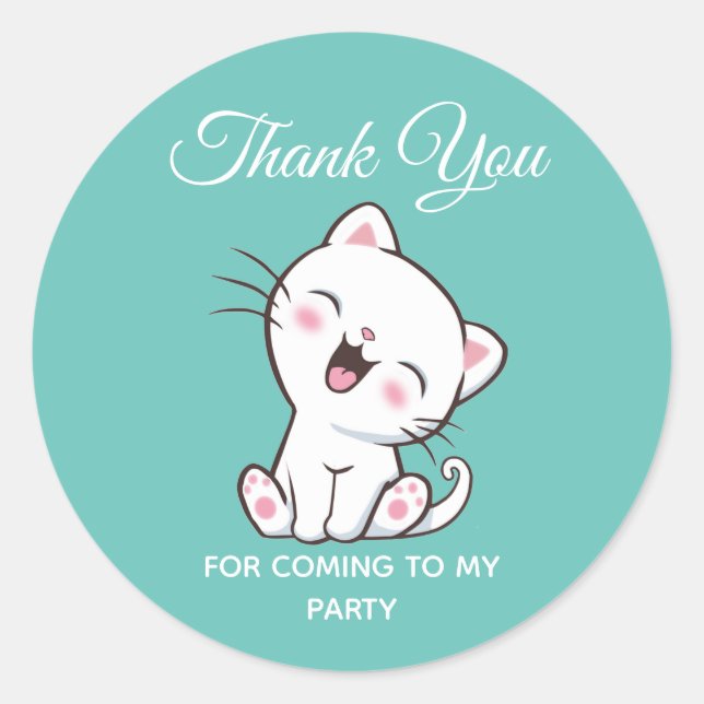 Cute Kitty Cat on Teal Thank You Classic Round Sticker (Front)