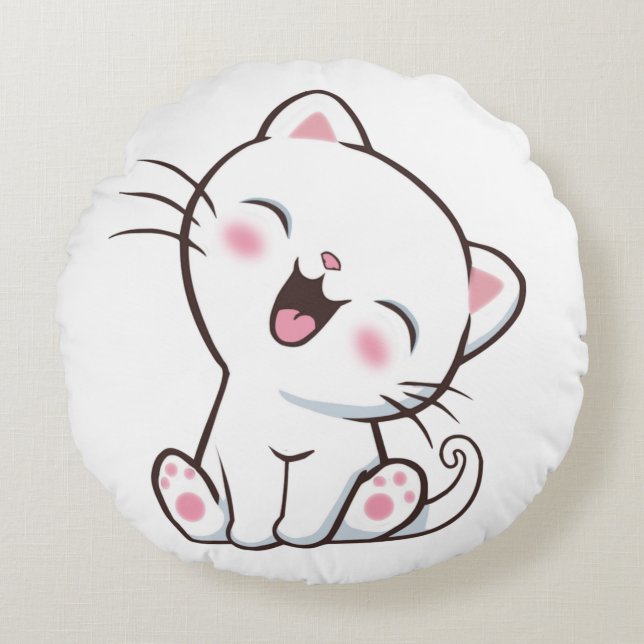 Cute Kitty Cat on White Round Pillow (Front)