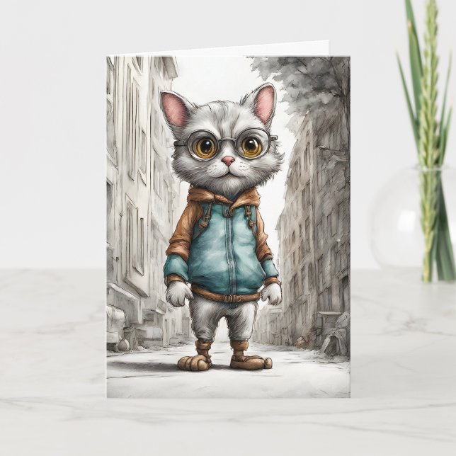 Cute Kitty Cat Out for a Walk Blank Card (Front)