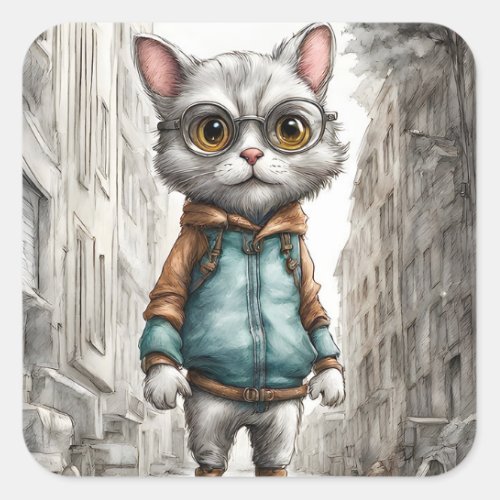 Cute Kitty Cat Out for a Walk Square Sticker