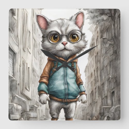 Cute Kitty Cat Out for a Walk Square Wall Clock