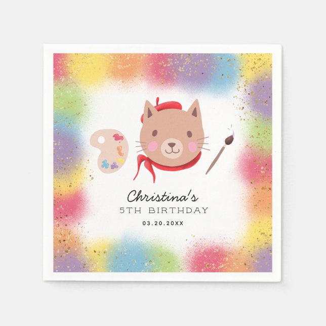 Cute Kitty Cat Painting Art Birthday Party Napkins (Front)