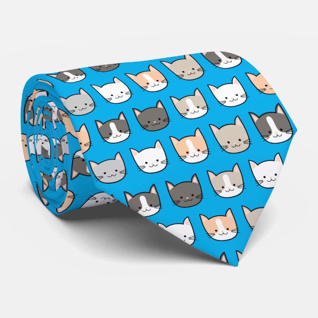 Cute Kitty Cat Pattern On A Blue Neck Tie (Rolled)
